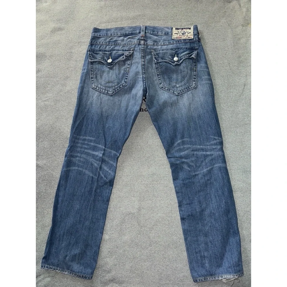 True Religion Jeans Men's Ricky Blue Denim Straight Leg Distressed Size 38